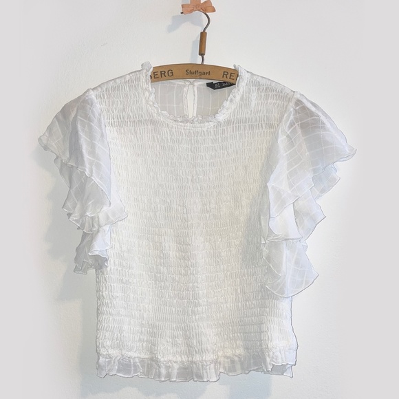 Zara Top with Elastic Smocking ruffled off-white blouse, Small - Picture 1 of 8